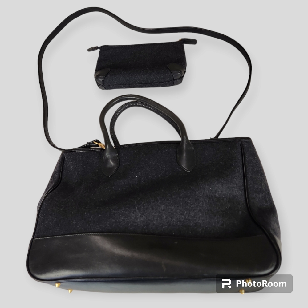 Vintage Blaine Trump Winter Wool/Leather Gray Satchel with matching cosmetic bag - Picture 2 of 12